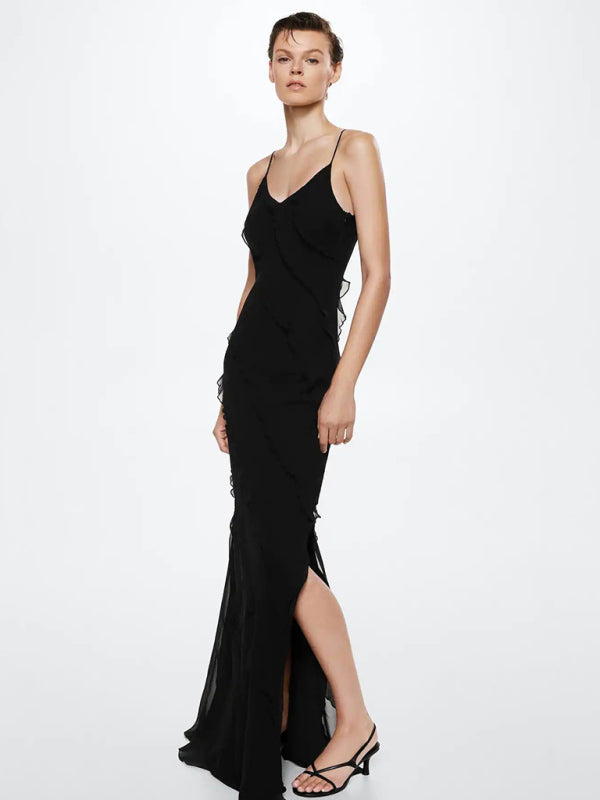 Black long ruffle design evening dress