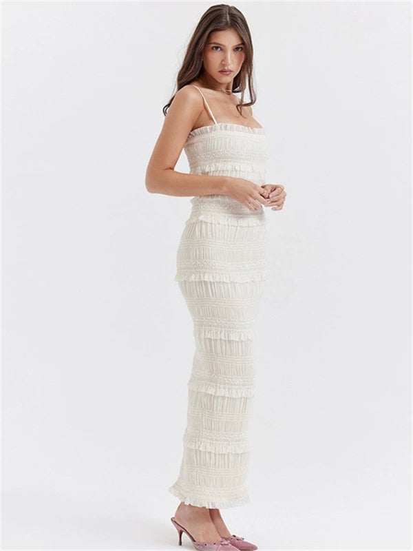 White suspender-wrapped bust-fitting long dress