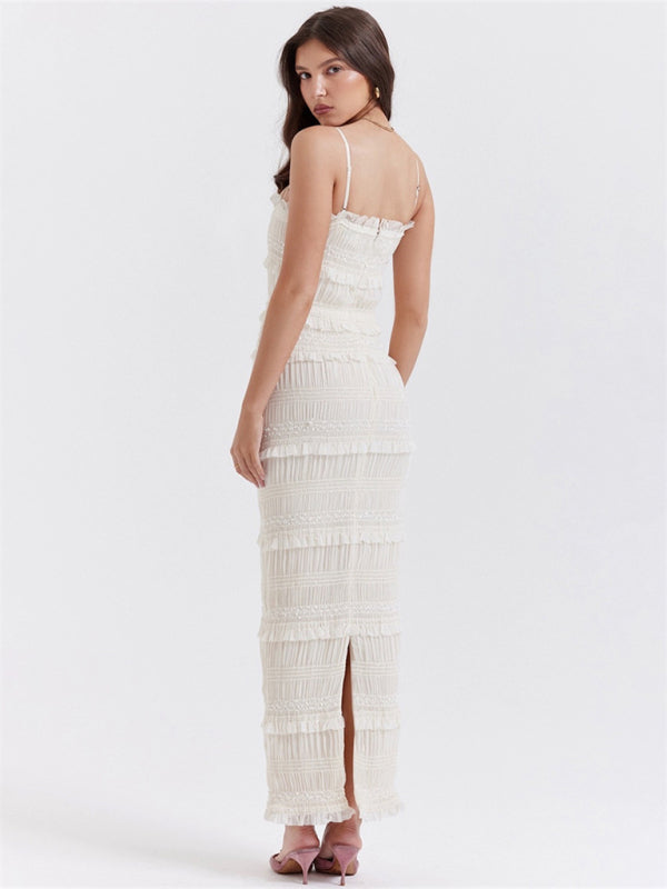 White suspender-wrapped bust-fitting long dress