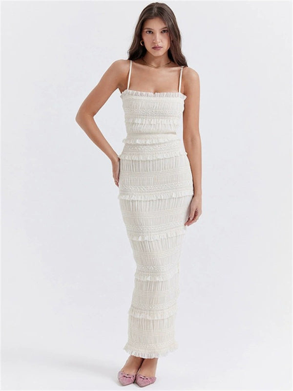 White suspender-wrapped bust-fitting long dress