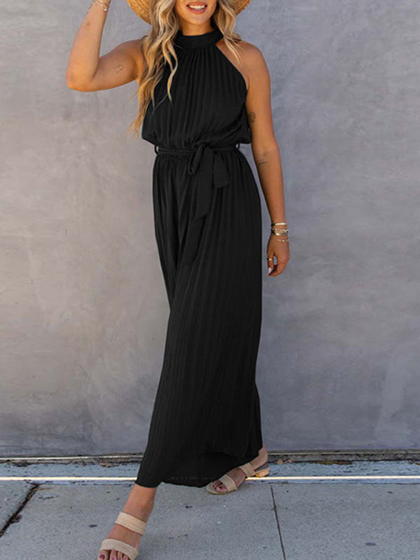 Women's off-shoulder halter neck pleated jumpsuit