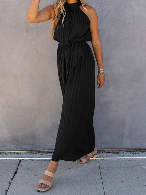 Women's off-shoulder halter neck pleated jumpsuit