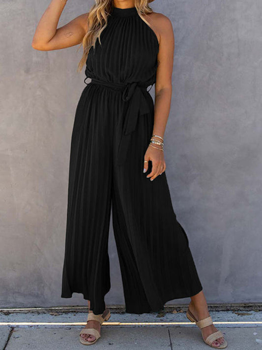 Women's off-shoulder halter neck pleated jumpsuit