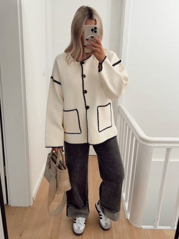 Women's Button Color Block Knitted Jacket