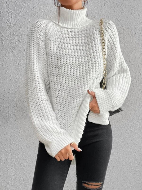 Casual pullover turtleneck slit loose sweater