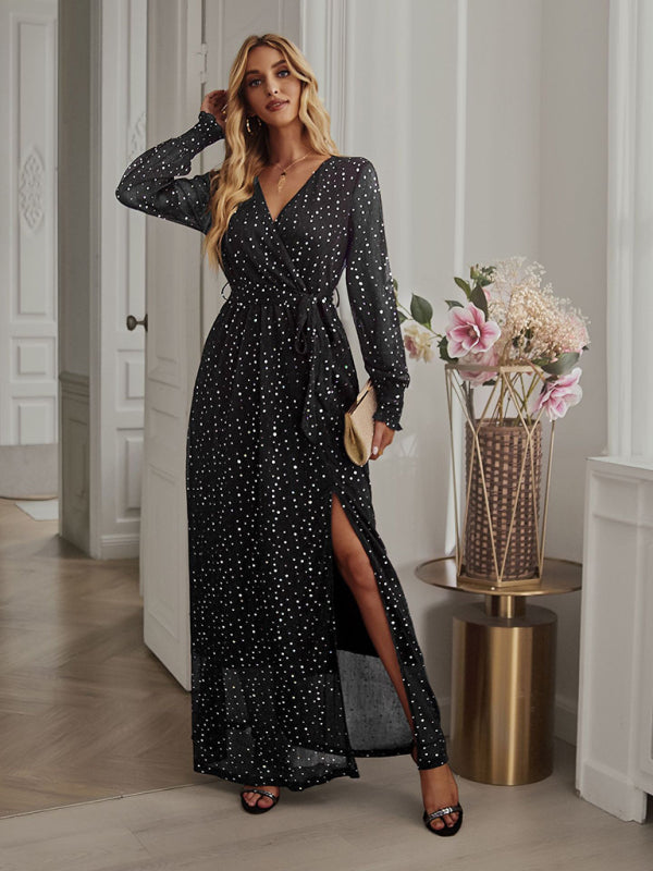 Women's Elegant V Neck Long Sleeve Dress