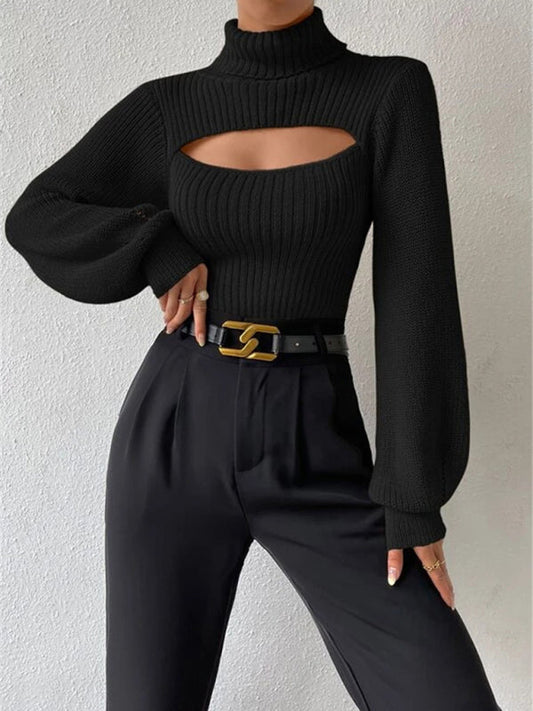 Versatile turtleneck hollow sweater top