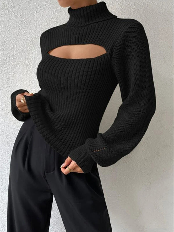 Versatile turtleneck hollow sweater top