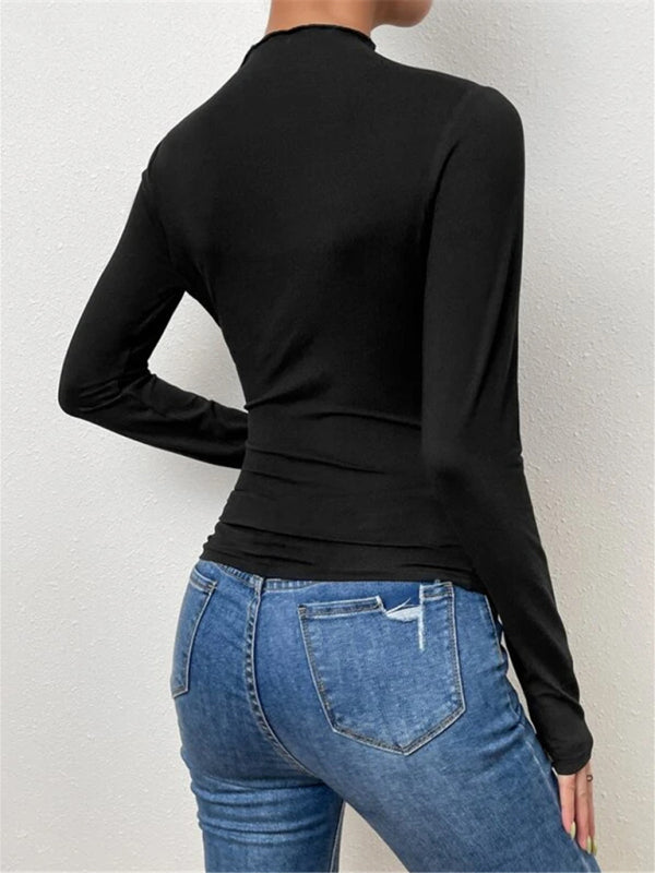 Black slim fit versatile ruffled long-sleeved top