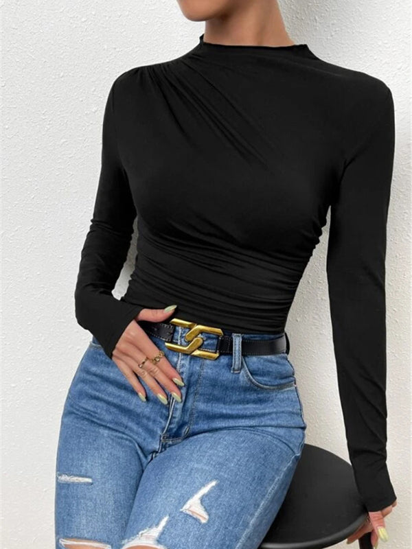 Black slim fit versatile ruffled long-sleeved top