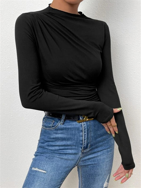 Black slim fit versatile ruffled long-sleeved top