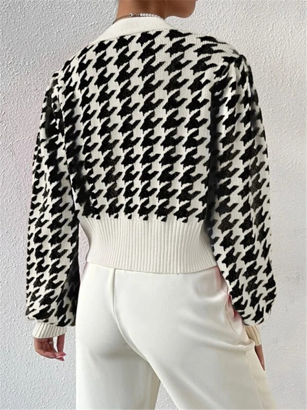 Hounds tooth lantern sleeve knitted cardigan sweater