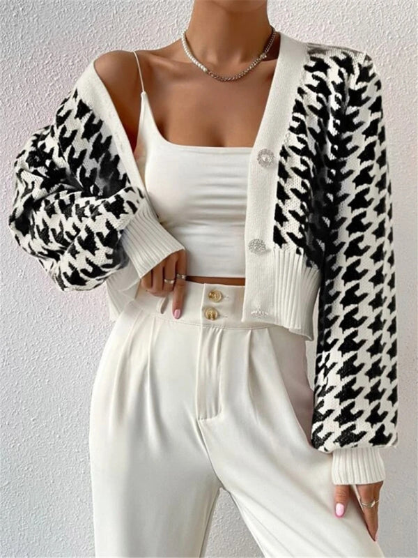 Hounds tooth lantern sleeve knitted cardigan sweater