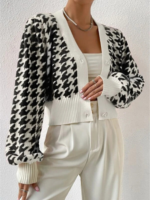 Hounds tooth lantern sleeve knitted cardigan sweater