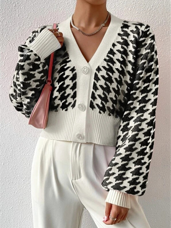 Hounds tooth lantern sleeve knitted cardigan sweater