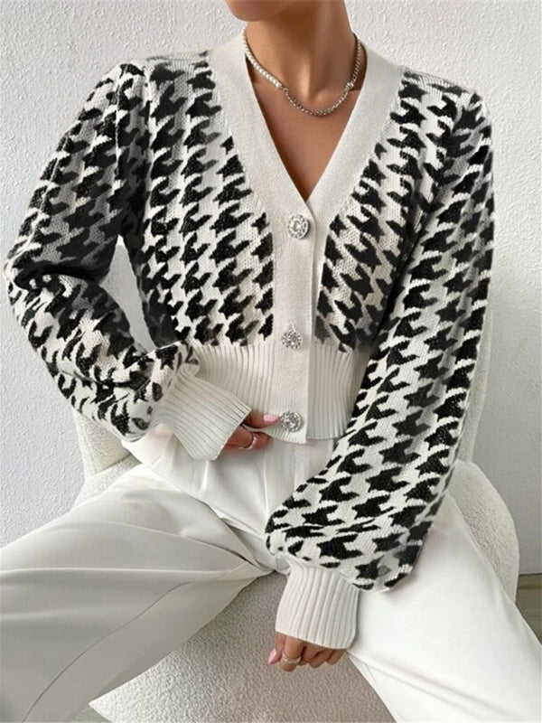 Hounds tooth lantern sleeve knitted cardigan sweater