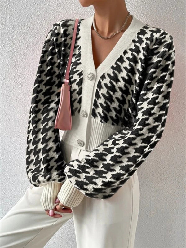 Hounds tooth lantern sleeve knitted cardigan sweater