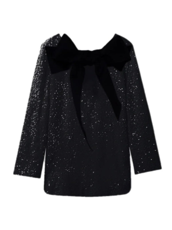 New long-sleeved back bow sequined dress