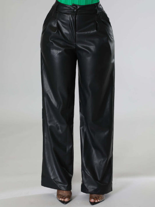 PU women's loose wide-leg pocket leather pants