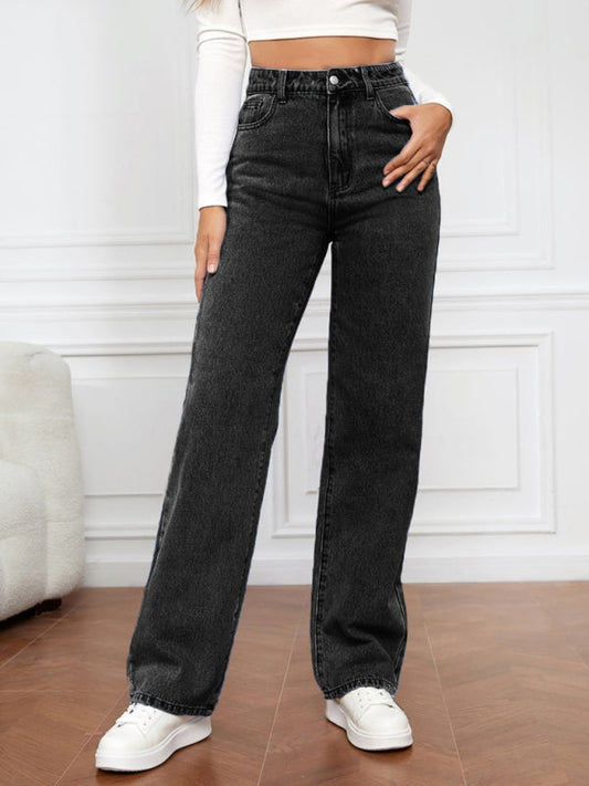 High Waist Washed Straight Leg Jeans