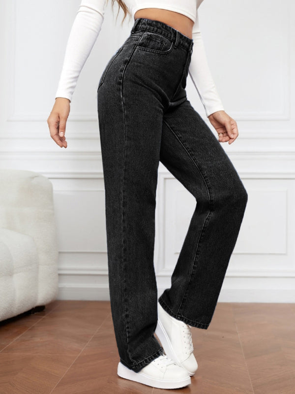 High Waist Washed Straight Leg Jeans