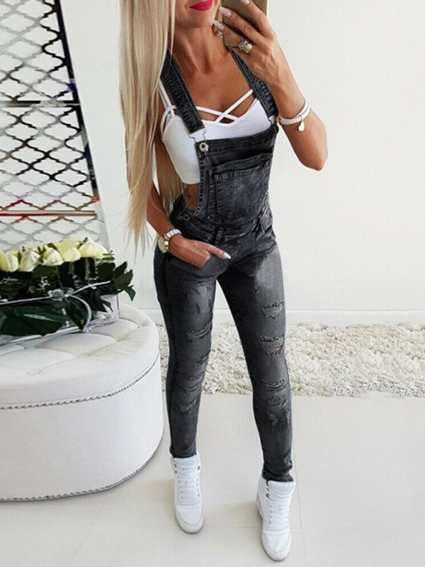 Women's Black Hand-Teared Jeans Overalls