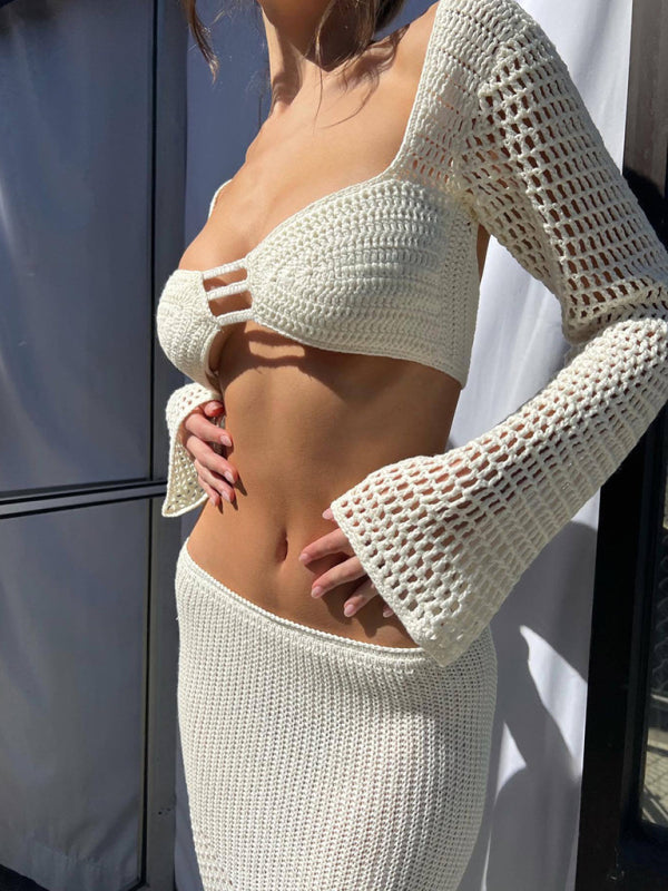 Tie long sleeve summer knitted maxi skirt set