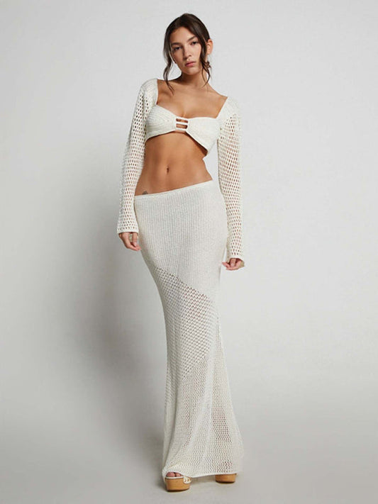 Tie long sleeve summer knitted maxi skirt set