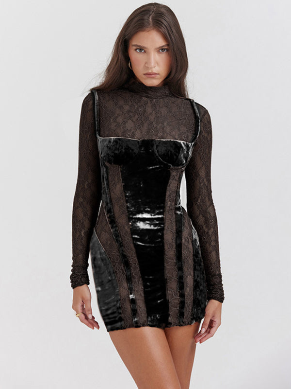 Women's high collar lace long sleeve hollow slim fit dress