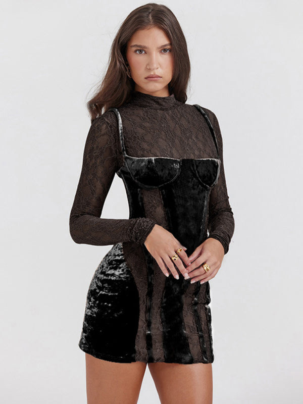 Women's high collar lace long sleeve hollow slim fit dress