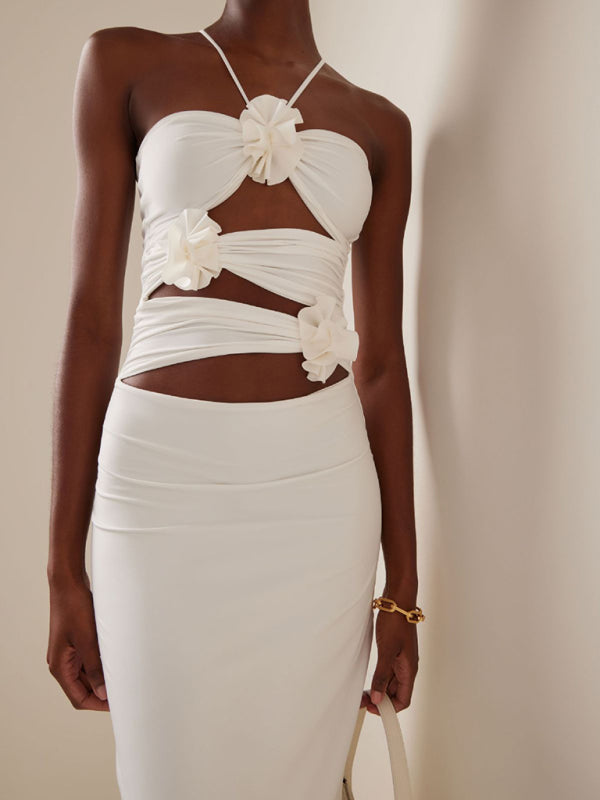 Three-dimensional white flower long hollow halter neck dress