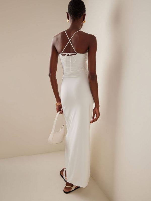 Three-dimensional white flower long hollow halter neck dress