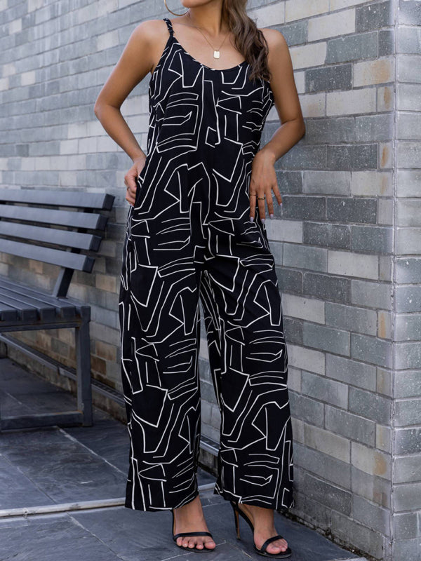 Women's pattern loose suspender long jumpsuit