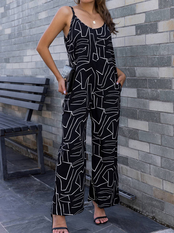 Women's pattern loose suspender long jumpsuit