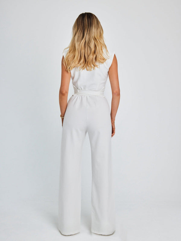 Elegant White V-neck sleeveless wide-leg jumpsuit