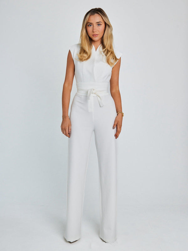 Elegant White V-neck sleeveless wide-leg jumpsuit