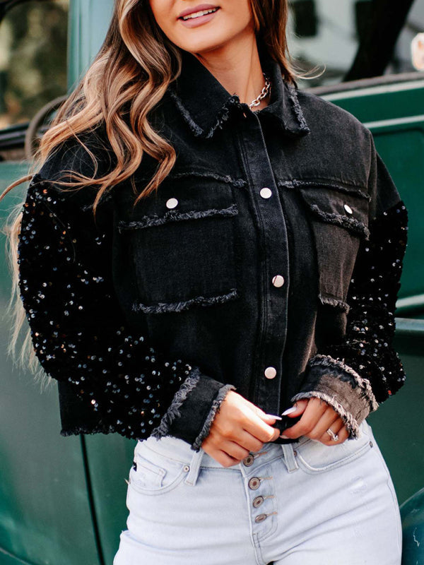 Women's sequined short denim jacket