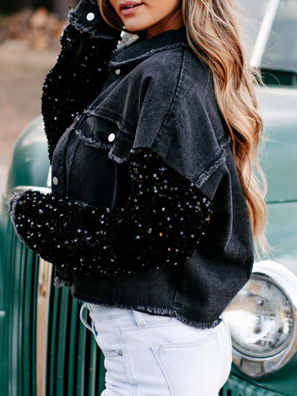 Women's sequined short denim jacket