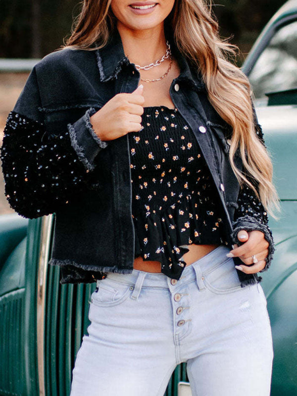 Women's sequined short denim jacket