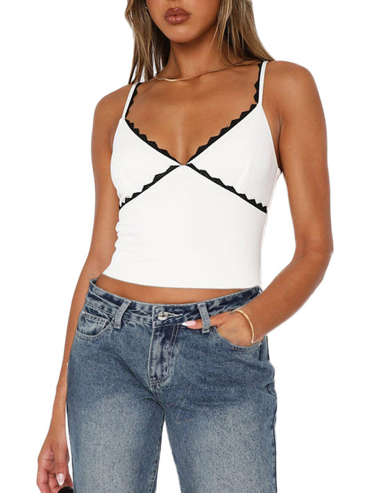 Women's lace V-neck black and white top top