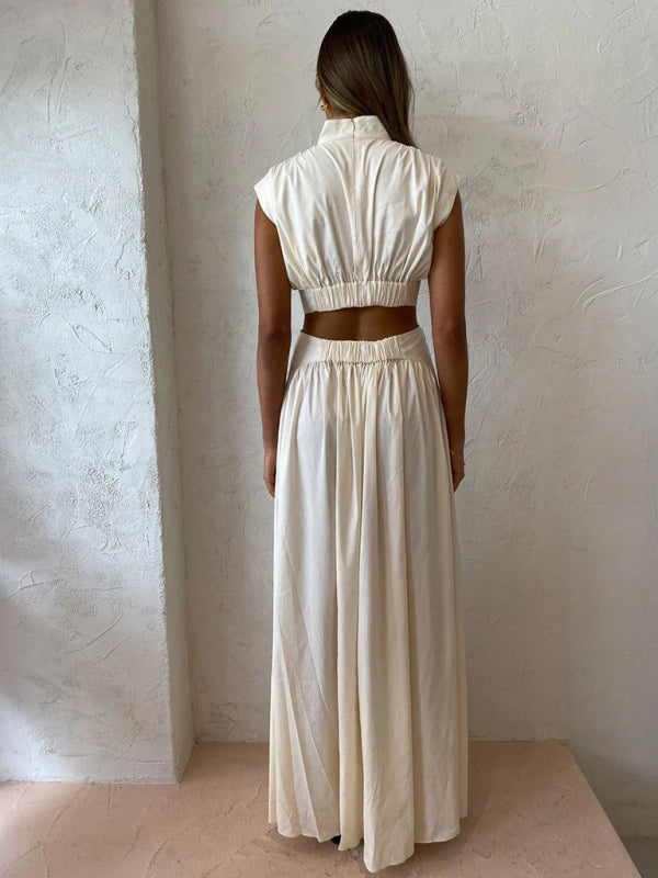 White exposed waist pleated large skirt dress