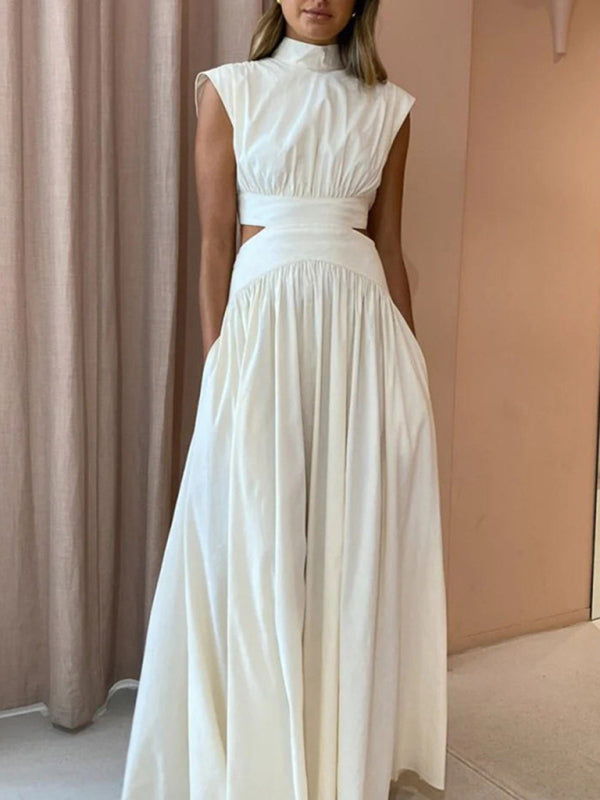 White exposed waist pleated large skirt dress