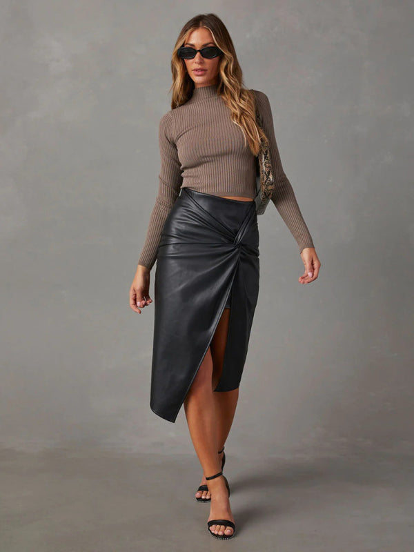 Black slit mid-length leather skirt