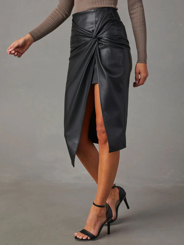 Black slit mid-length leather skirt