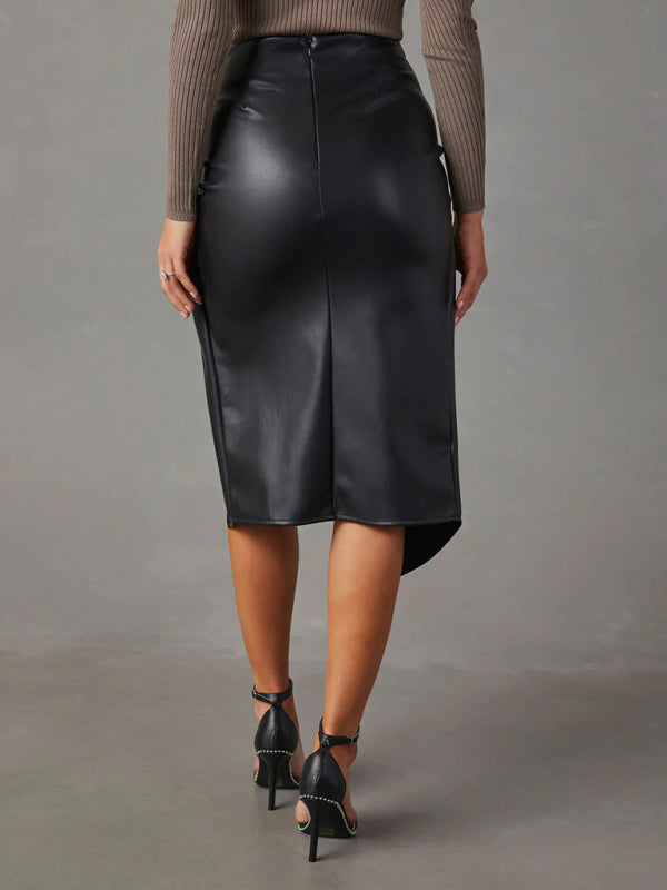 Black slit mid-length leather skirt