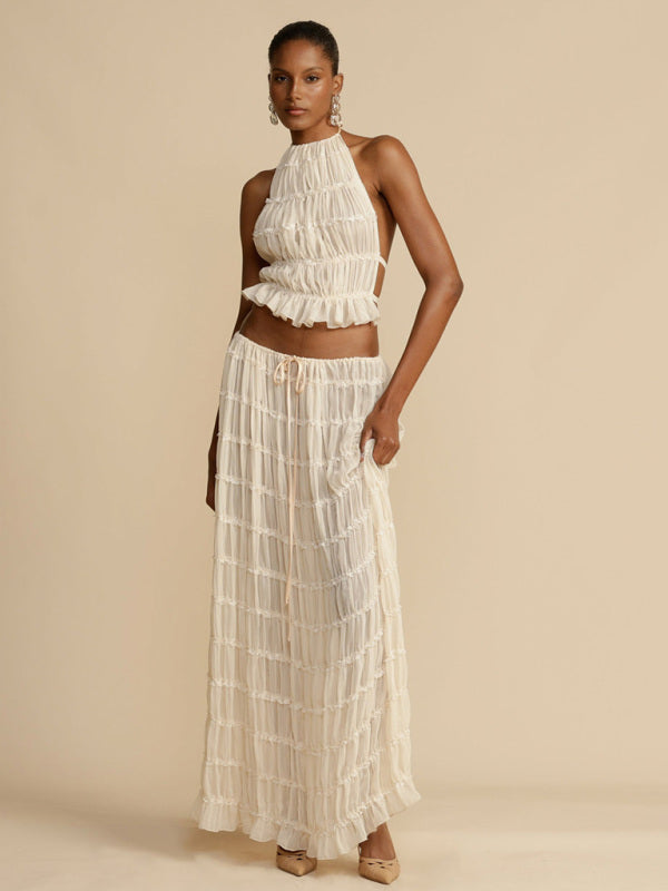 Backless halter neck two-piece chiffon pleated skirt and top set