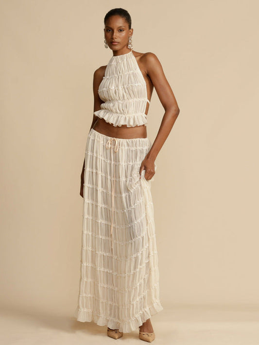 Backless halter neck two-piece chiffon pleated skirt and top set