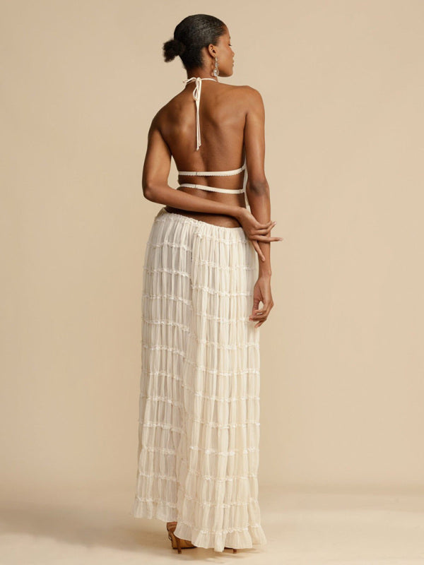 Backless halter neck two-piece chiffon pleated skirt and top set