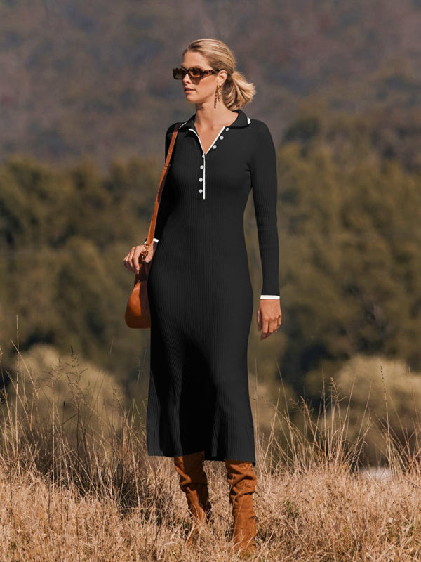 Women's lapel knitted slim fit long-sleeved dress