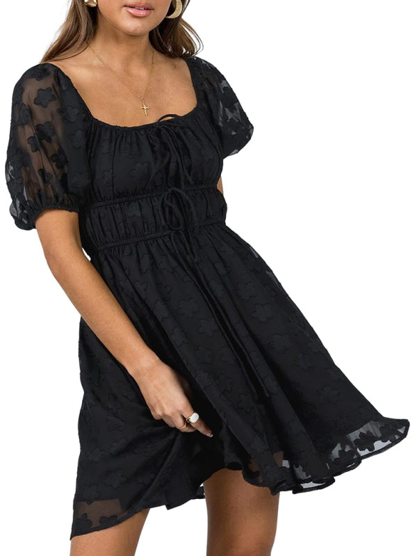 Black sweet short sleeves floral dress